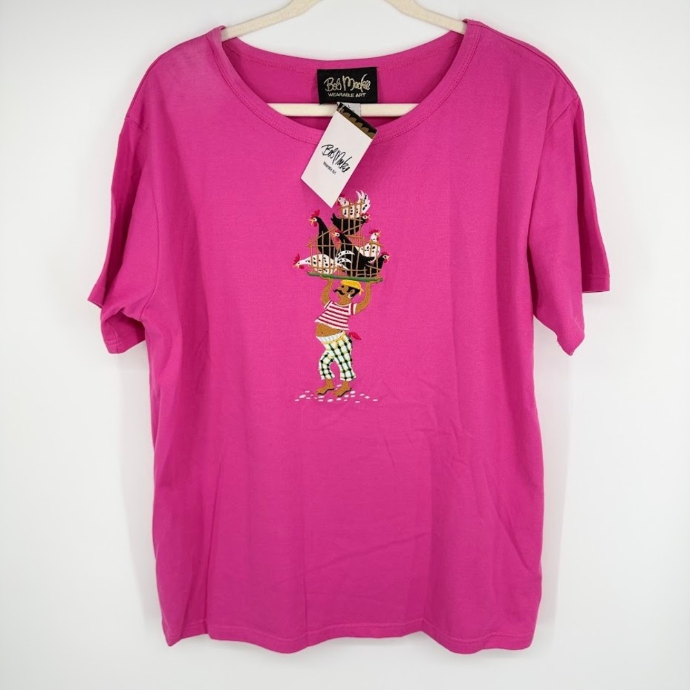 NEW Bob Mackie T-Shirt Women Large Pink Embroidered Chicken Rooster Wearable Art